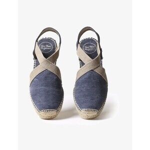 Toni Pons Espadrille Shoes Wedge Blue Cream Peep Toe Spain Cottagecore 38 US 7.5